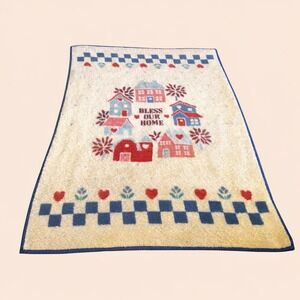 Vtg Biederlack Throw Farmhouse Bless Our Home Americana Folk Art USA